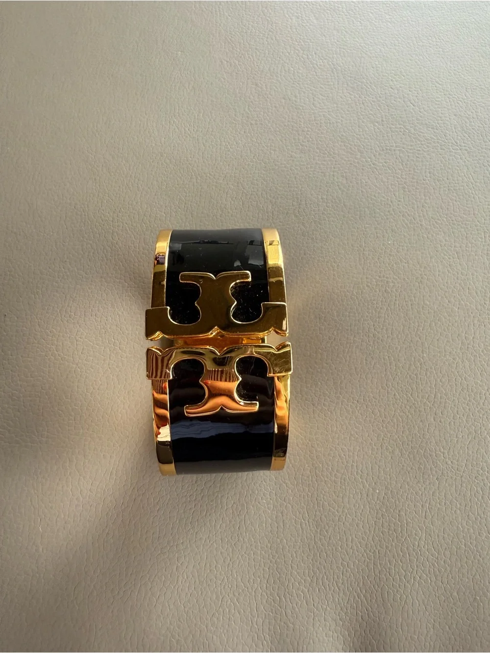 Tory Burch Black and Gold Logo Cuff Bracelet